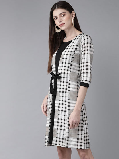 Women's  White & Black Checked Layered A-Line Dress