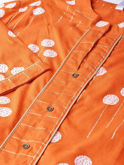 Women's  Orange & White Block Printed Kurta with Trousers & Dupatta