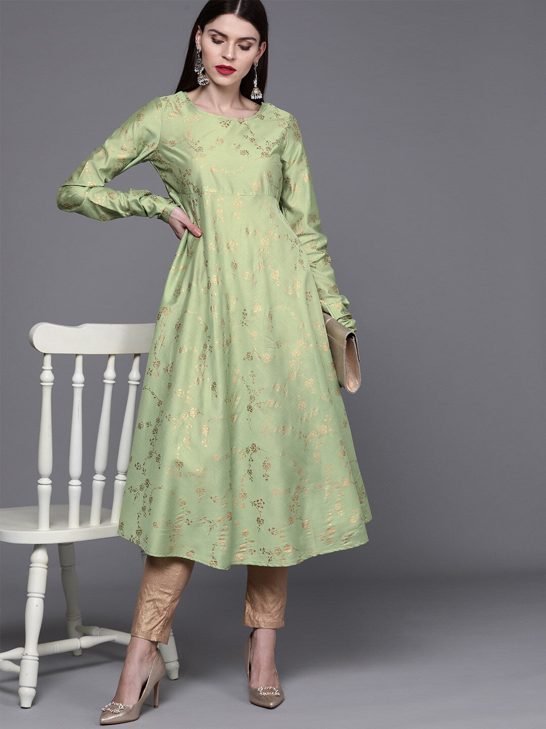 Women's Green printed anarkali kurta