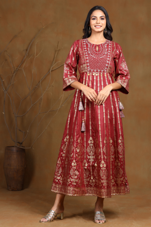 Women's Maroon Shantoon Printed Anarkali Dress