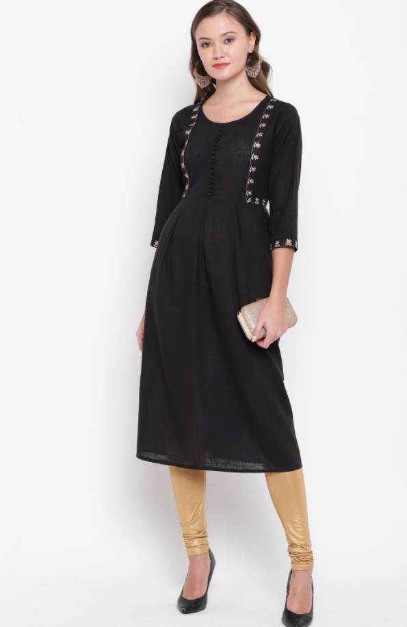 Women's Embroidered/Solid Anarkali Cotton Black Kurta (1Pc)