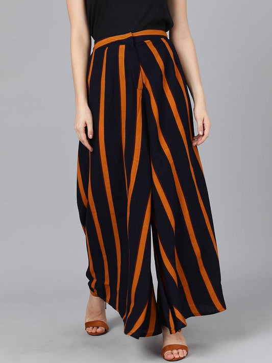 Women's  Navy Blue & Orange Striped Wide Leg Palazzos
