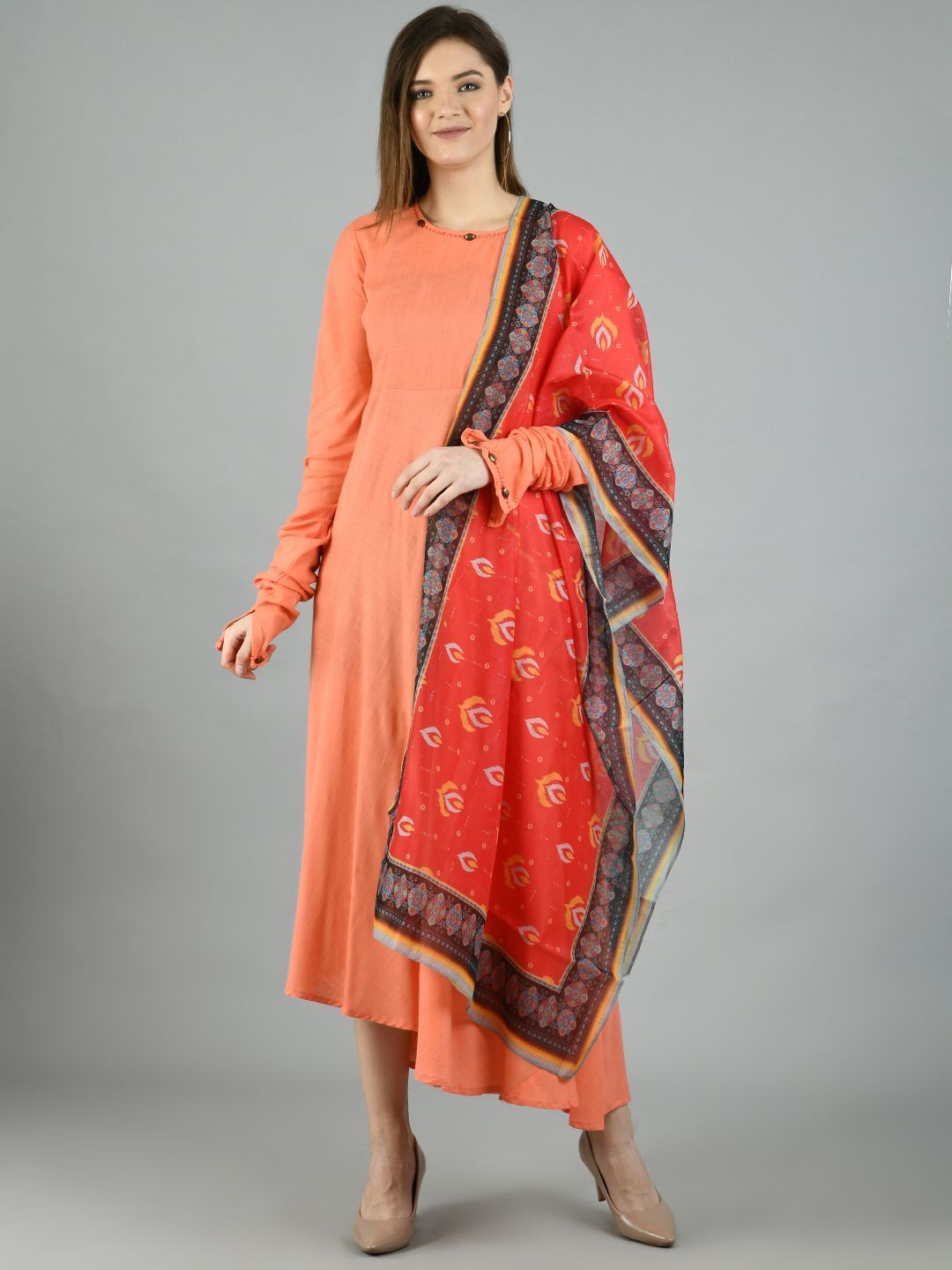 Women's Peach Cotton Solid Full Sleeve Round Neck Casual Dress Dupatta Set