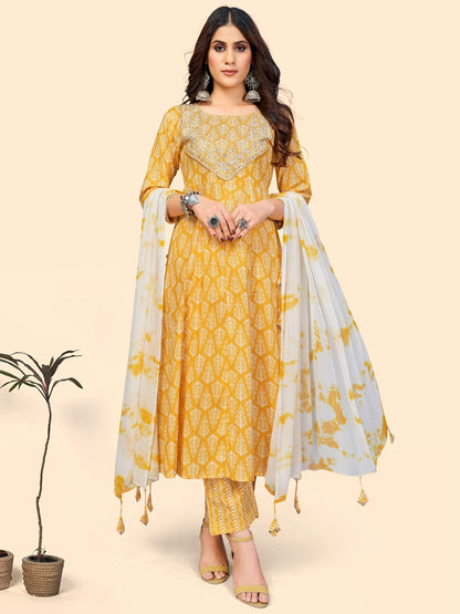 Women's Print & Sequience A-Line Cotton Yellow Stitched Kurta Pant With Dupatta