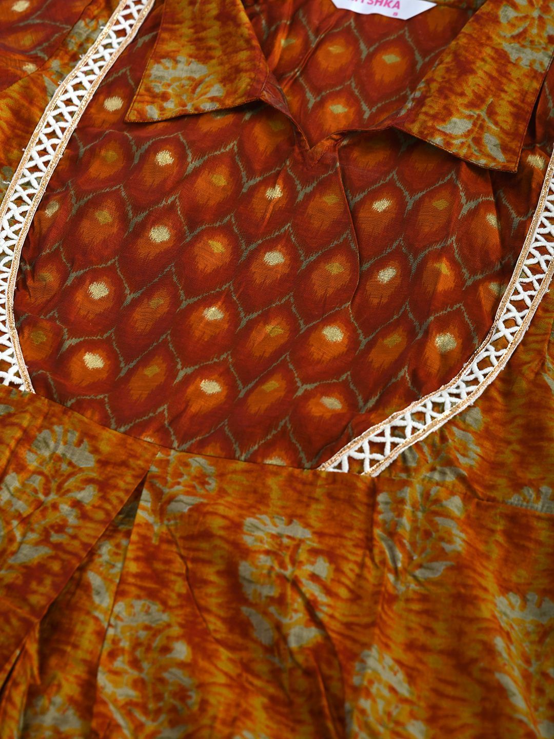 Women's Brown Silk Printed 3/4 Sleeve Shirt Coller Casual Dress