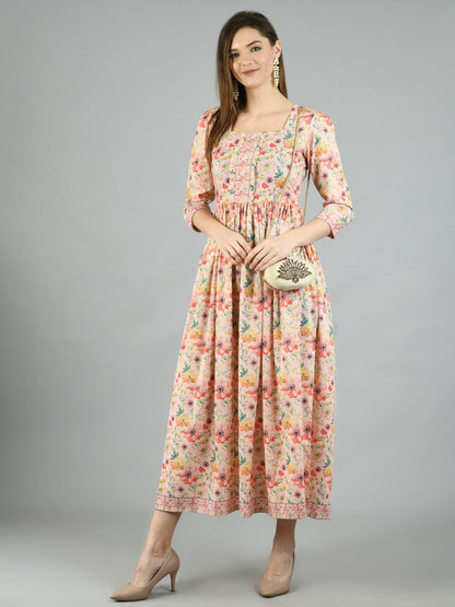 Women's Multi Cotton Printed 3/4 Sleeve Squre Casual Dress