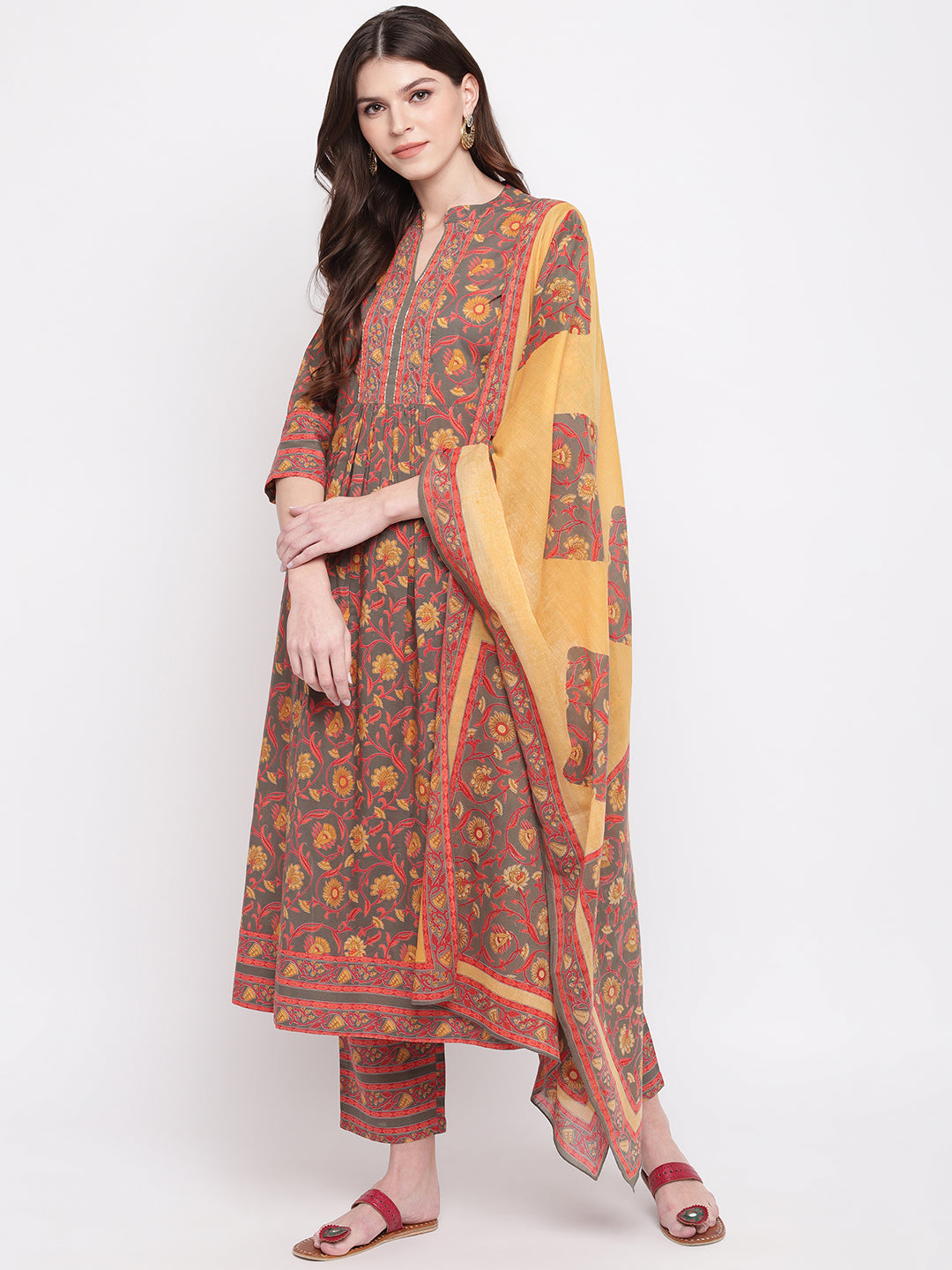 Women's Yellow, Grey Kurta With Palazzo & Dupatta By Vbuyz (3
