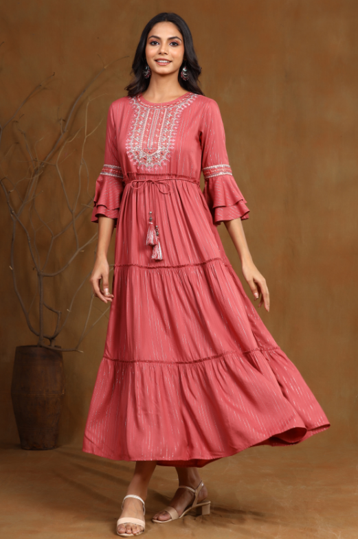 Women's Rosepink Rayon Lurex Embroidered Tiered Dress
