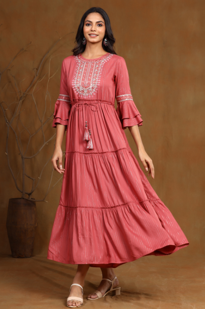 Women's Rosepink Rayon Lurex Embroidered Tiered Dress