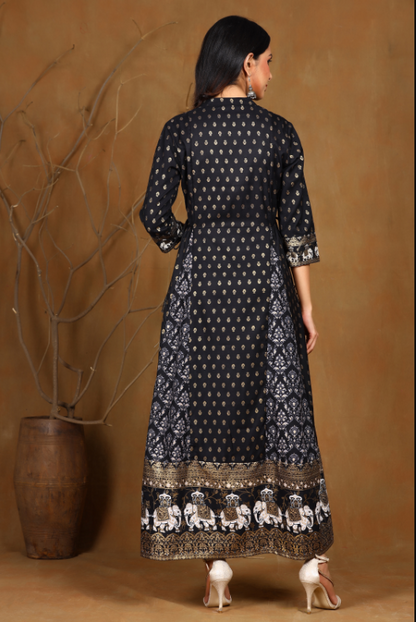 Women's Black Rayon Printed Anarkali Dress