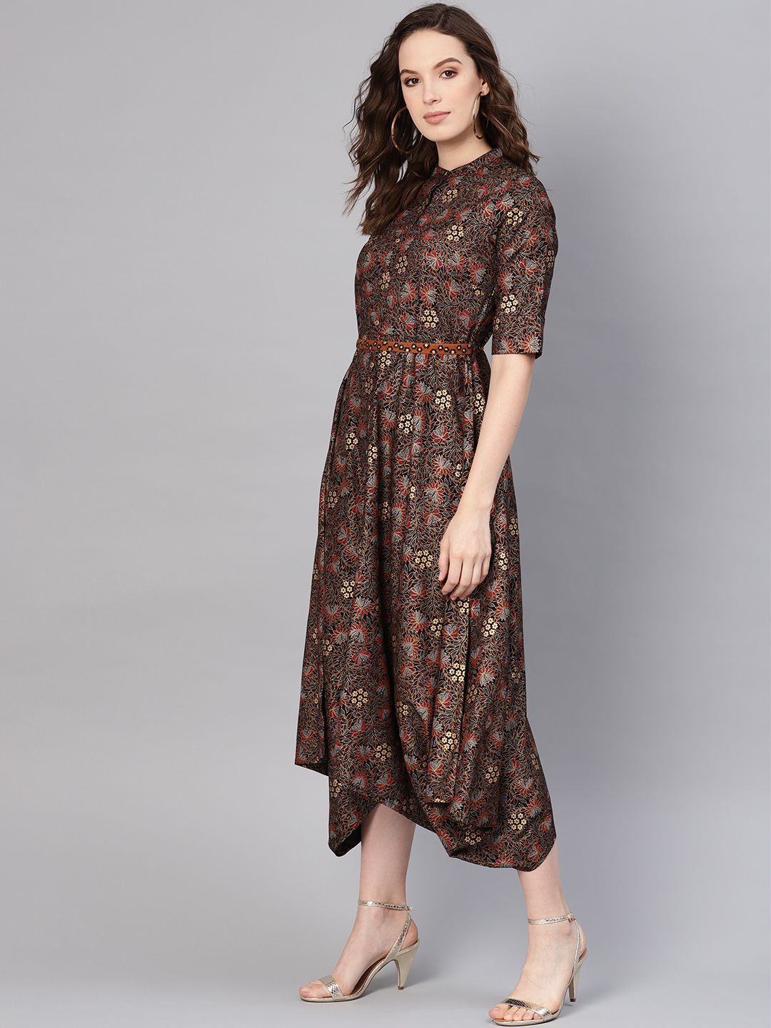 Women's Rayon Printed Asymmetric Dress With Belt