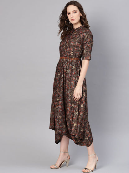 Women's Rayon Printed Asymmetric Dress With Belt