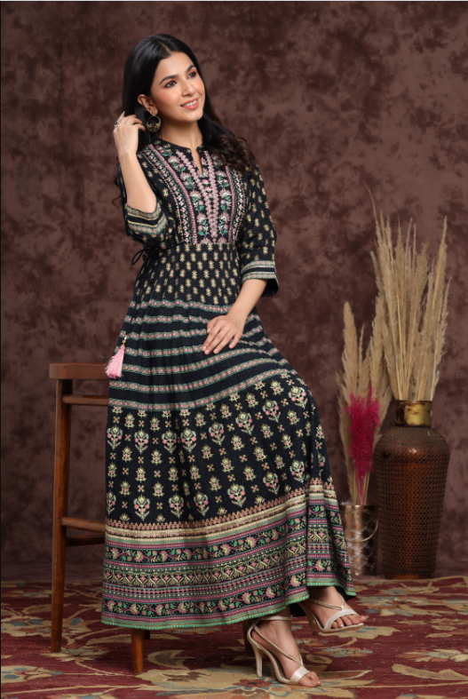 Women's Darkblue Rayon Embroidered Flared Dress