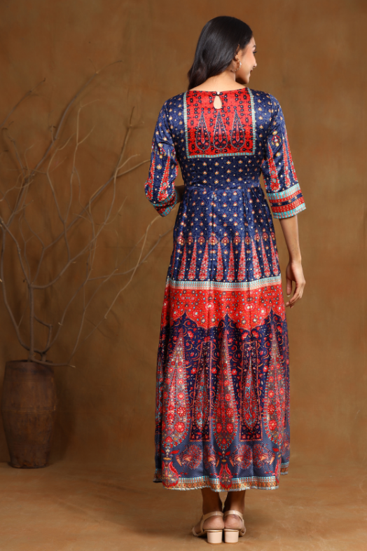 Women's Navyblue Dull Satin Printed Gown