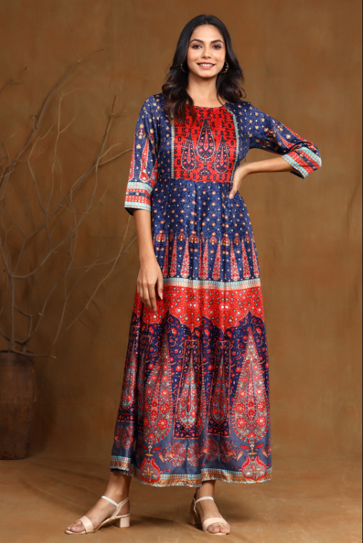Women's Navyblue Dull Satin Printed Gown
