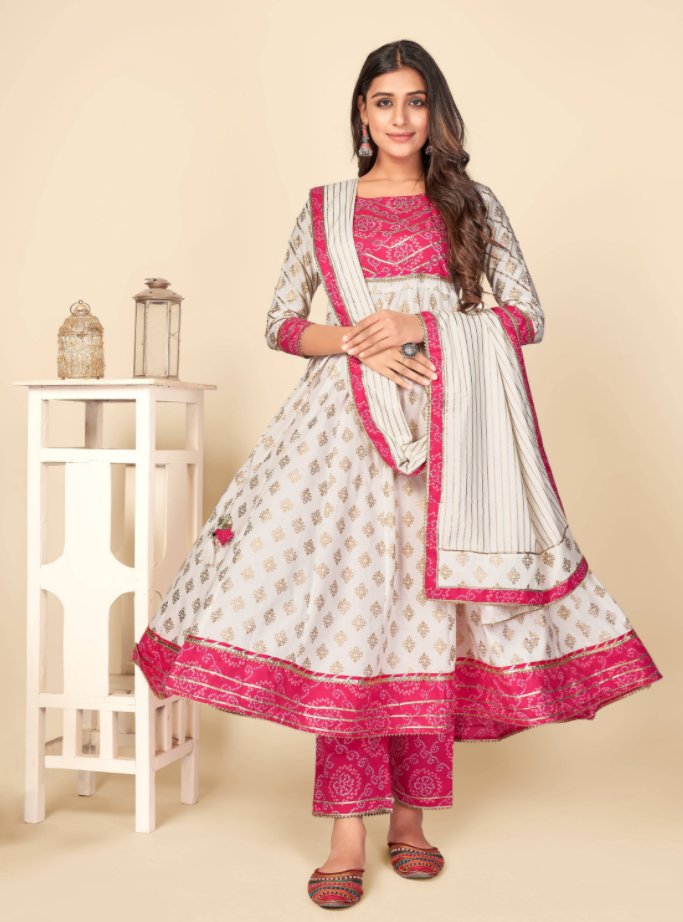 Women's Pink & White Anarkali Kurta & Pant With Dupatta Set Vbuyz- (3