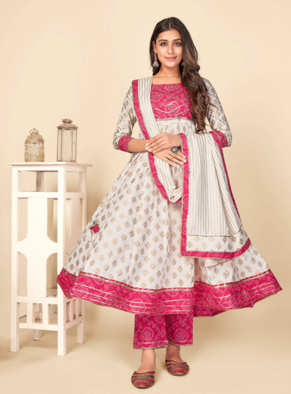 Women's Pink & White Anarkali Kurta & Pant With Dupatta Set Vbuyz- (3