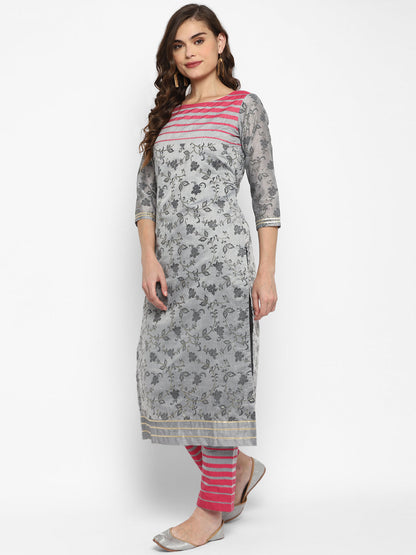 Women's Grey Color Chanderi Silk Straight Printed Kurta Pant Set