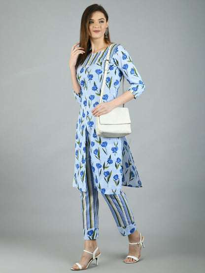Women's Multi Cotton Printed 3/4 Sleeve Round Neck Casual Kurta Pant Set