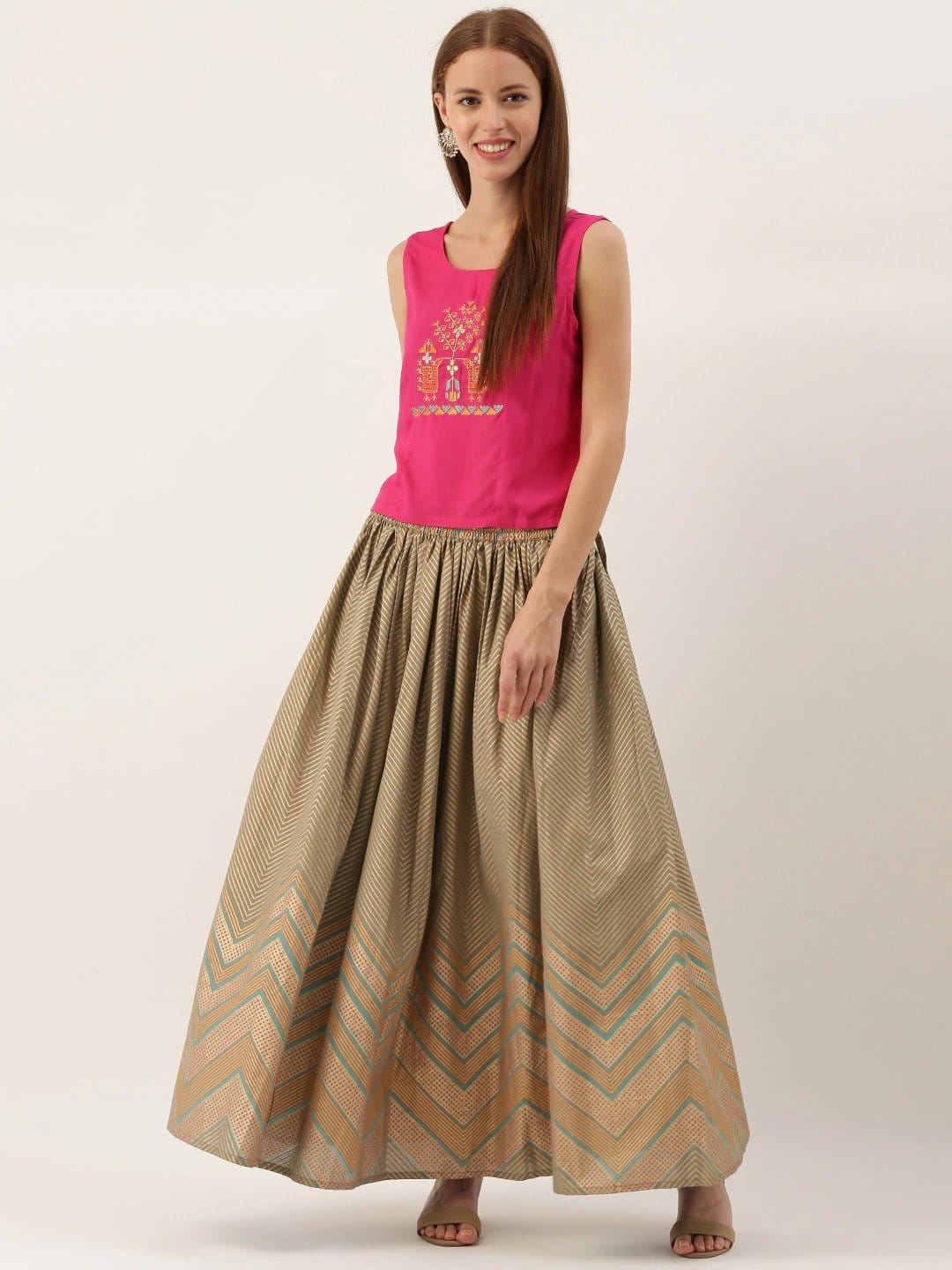 Women's Pink & Golden Embroidered Top with Skirt