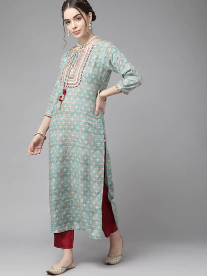 Women's Blue & Beige Ethnic Motifs Printed Gotta Patti Kurta