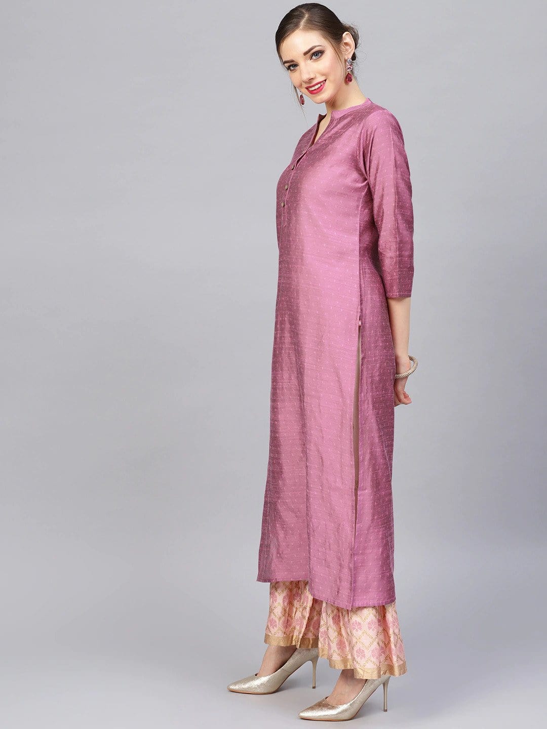Women's Pink Dobby Woven Design Straight Kurta