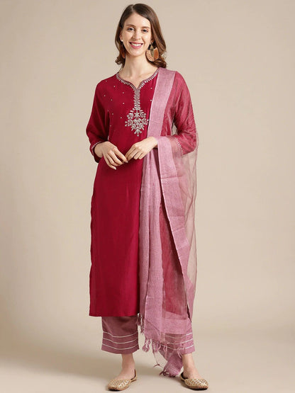 Women's Magenta Panelled Kurta with Trousers & Dupatta