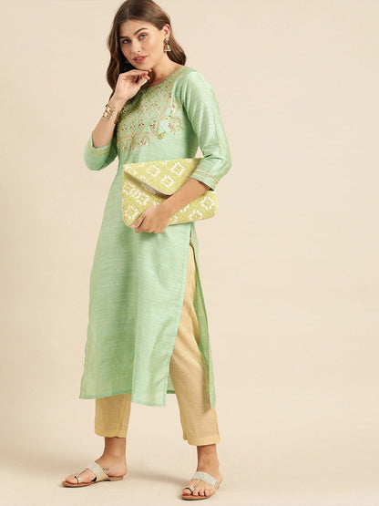 Women's Sea Green Floral Embroidered Kurta