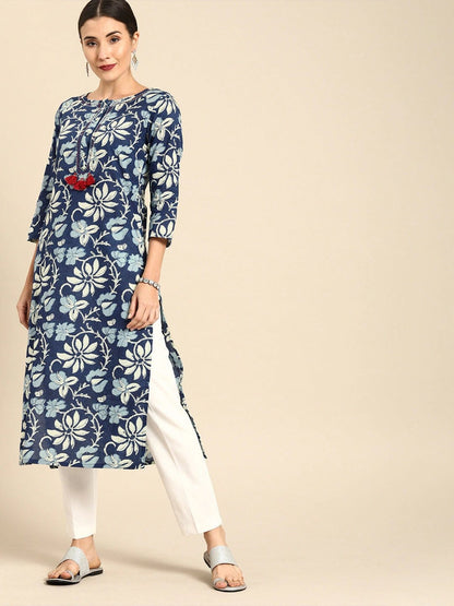 Women's Navy Blue & Off-White Floral Print Straight Kurta