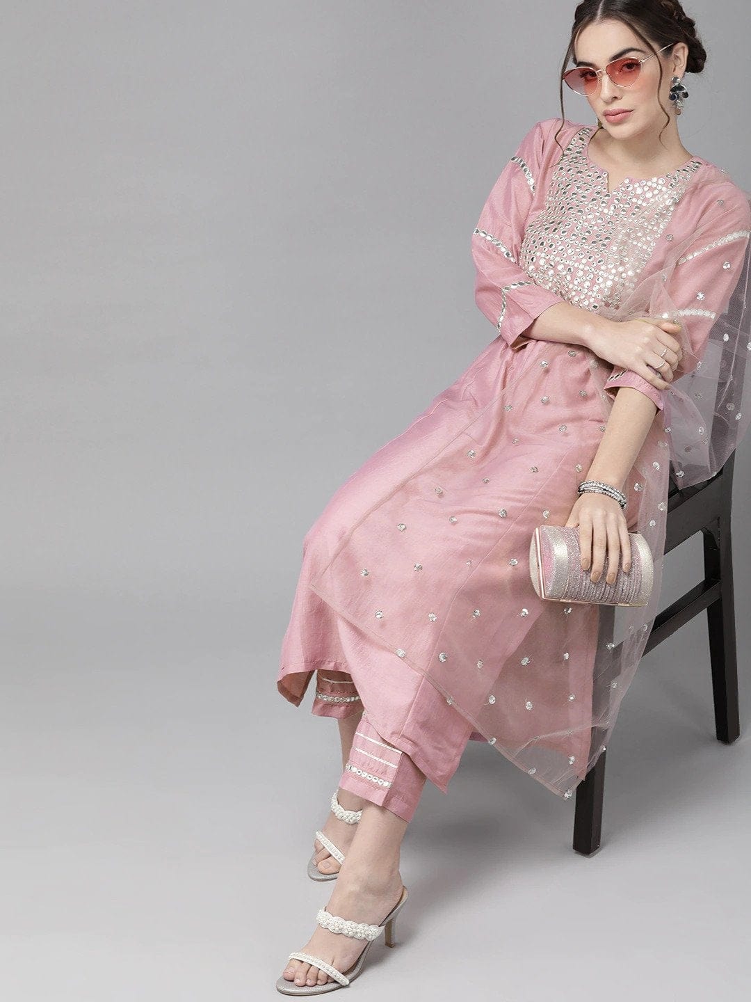 Women's Mauve & Silver Embroidered Mirror Work Kurta with Trousers & Dupatta