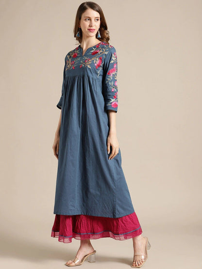 Women's Blue Floral Yoke Design Kurta