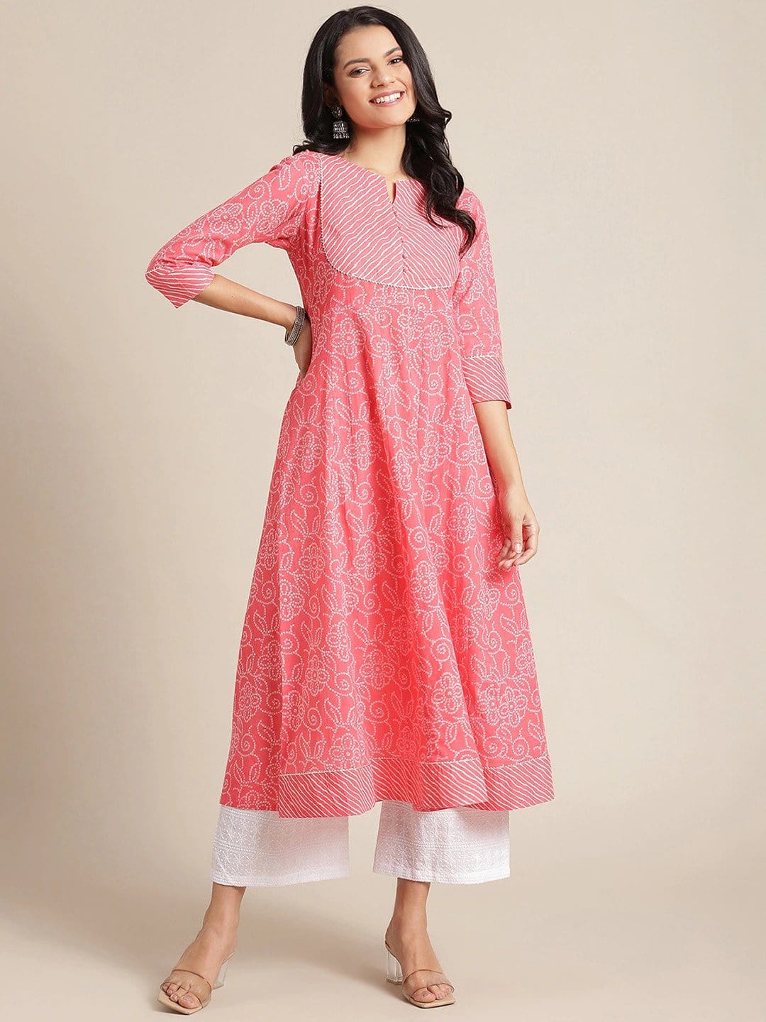 Women's Pink & Off White Ethnic Motifs Printed Anarkali Kurta