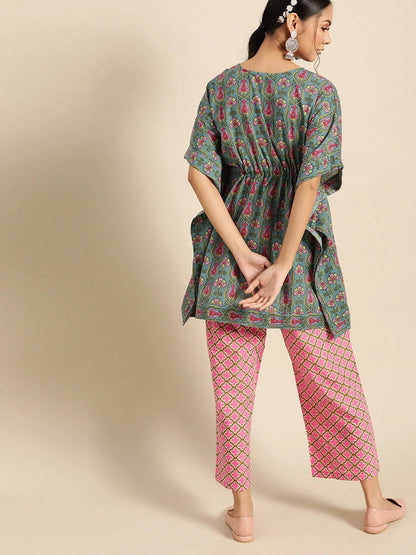 Women's Blue & Pink Cotton Printed Tunic with Palazzos