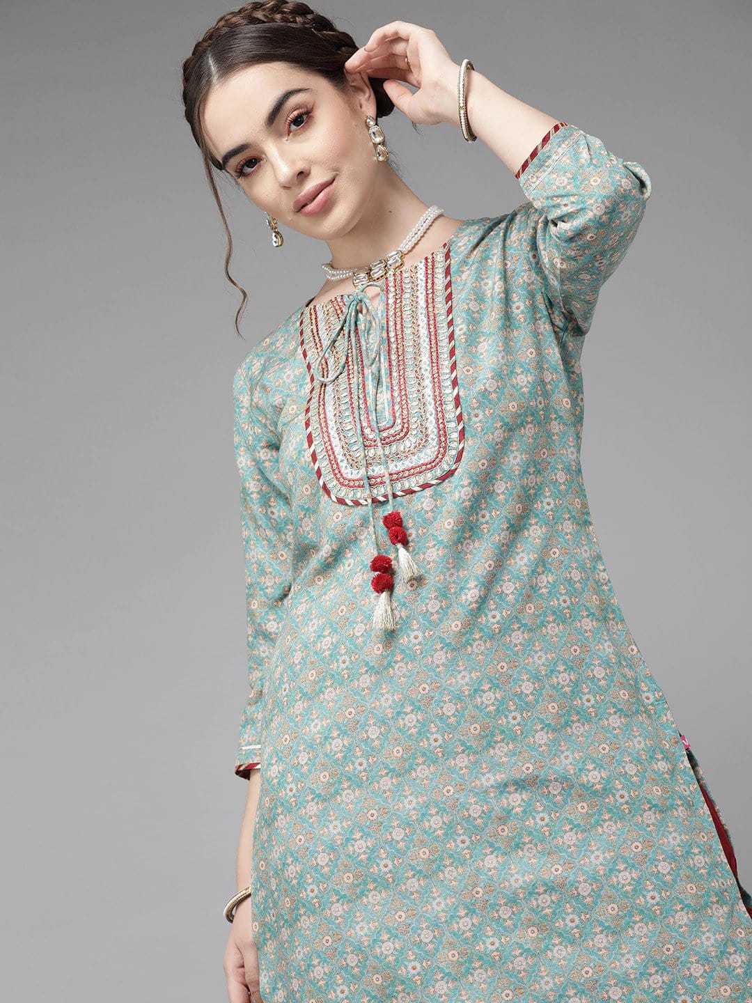Women's Blue & Beige Ethnic Motifs Printed Gotta Patti Kurta
