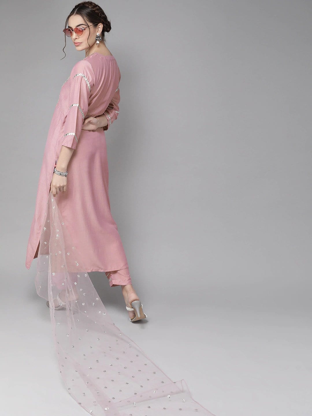 Women's Mauve & Silver Embroidered Mirror Work Kurta with Trousers & Dupatta