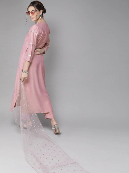 Women's Mauve & Silver Embroidered Mirror Work Kurta with Trousers & Dupatta