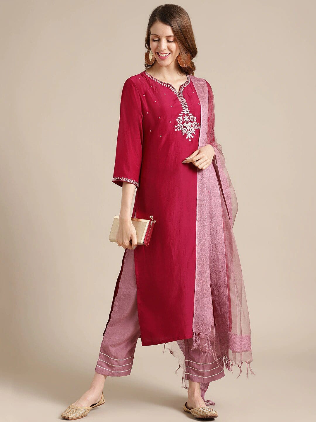 Women's Magenta Panelled Kurta with Trousers & Dupatta