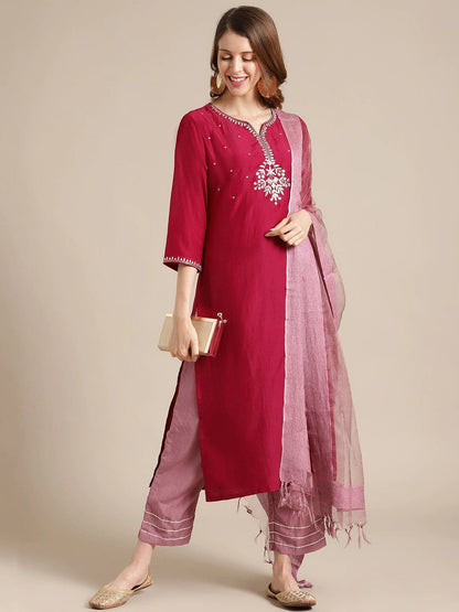 Women's Magenta Panelled Kurta with Trousers & Dupatta