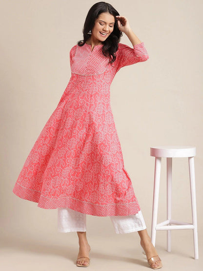 Women's Pink & Off White Ethnic Motifs Printed Anarkali Kurta