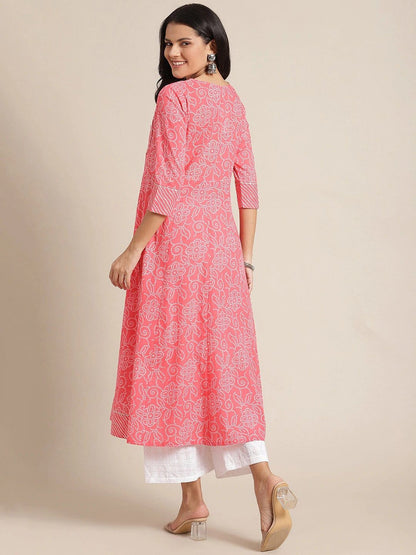 Women's Pink & Off White Ethnic Motifs Printed Anarkali Kurta
