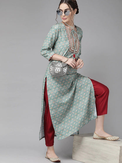 Women's Blue & Beige Ethnic Motifs Printed Gotta Patti Kurta