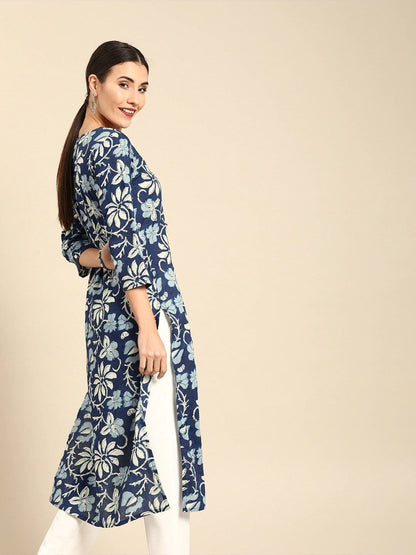 Women's Navy Blue & Off-White Floral Print Straight Kurta