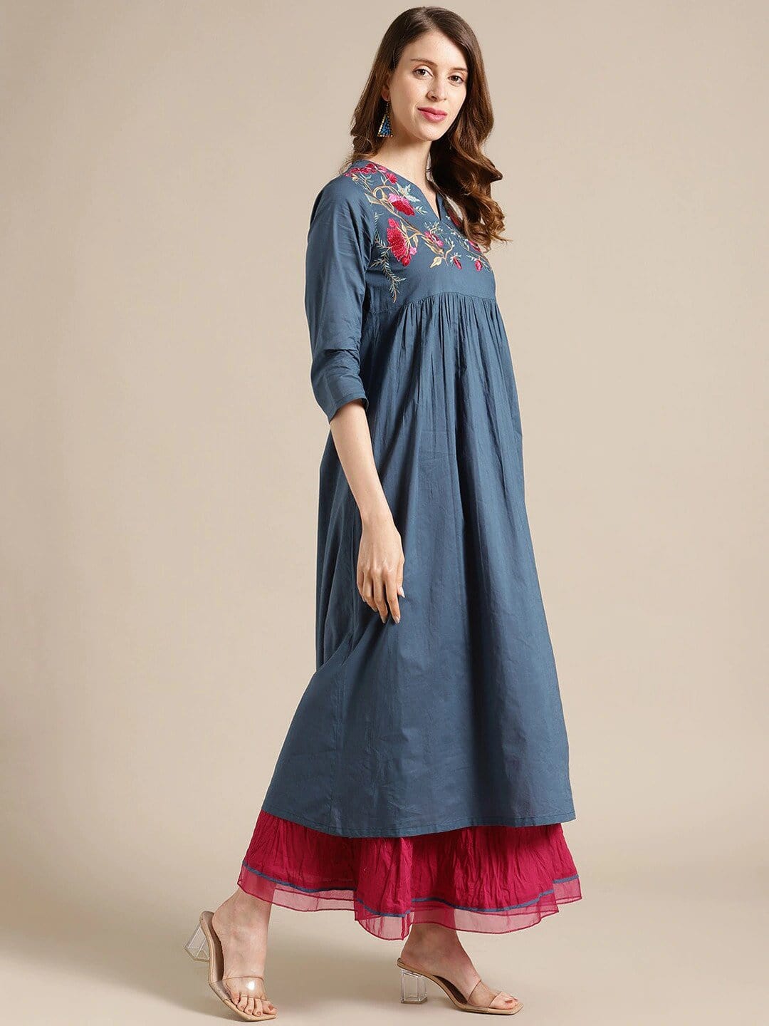 Women's Blue Floral Yoke Design Kurta