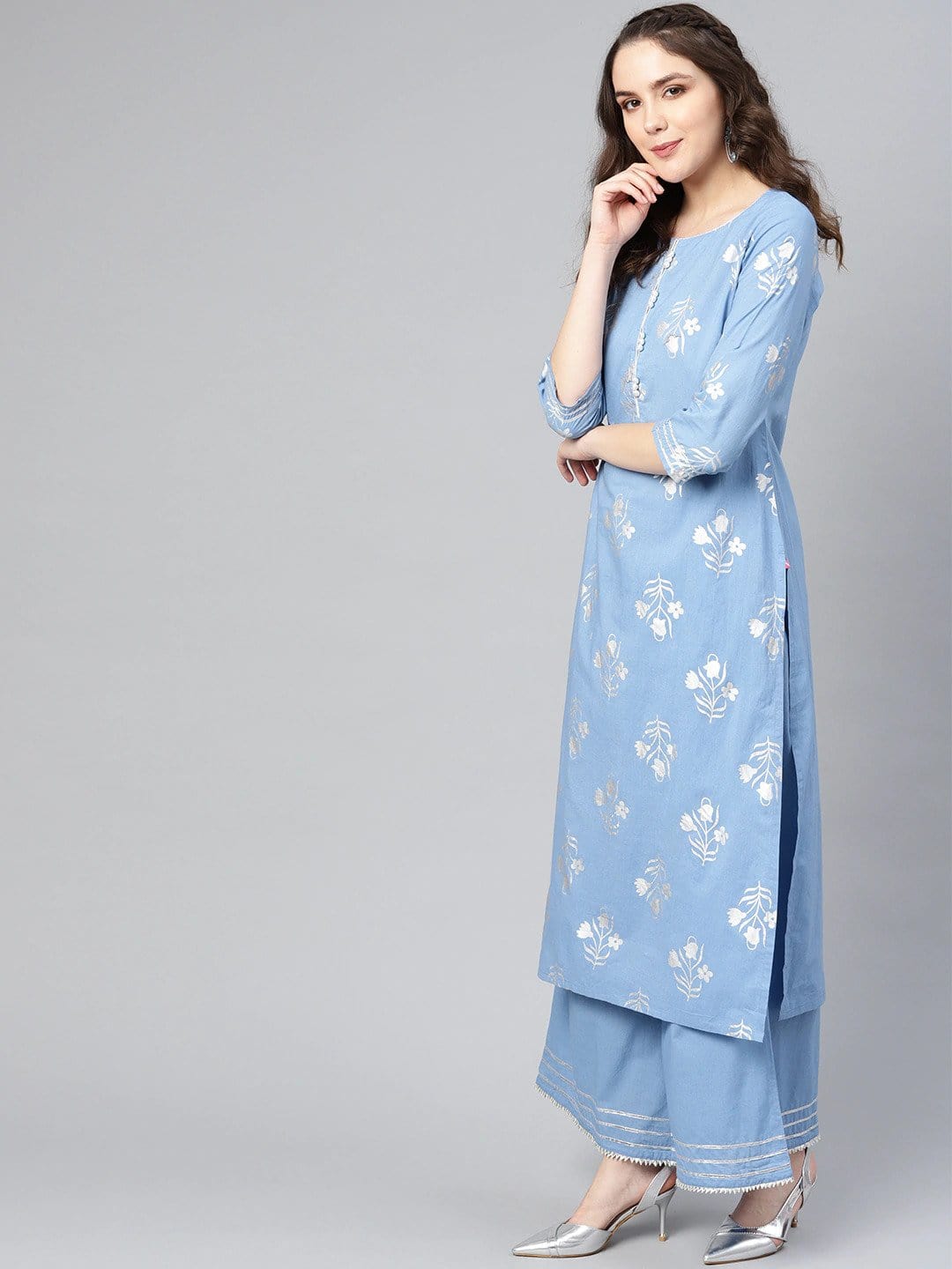 Women's Blue & Silver Printed Kurta with Palazzos