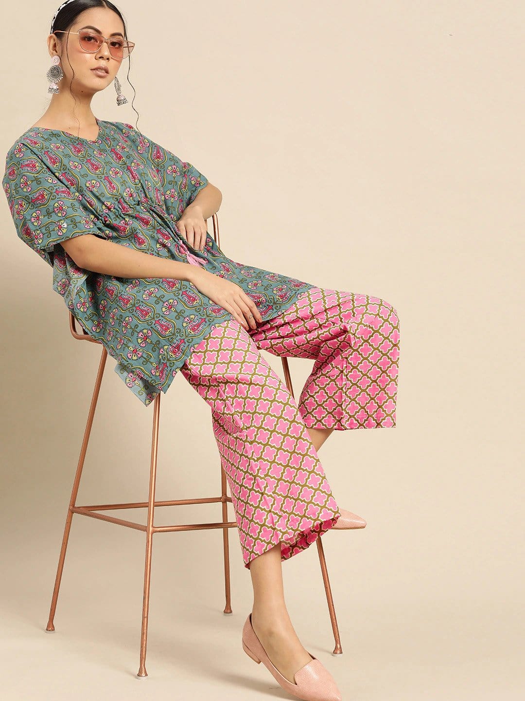 Women's Blue & Pink Cotton Printed Tunic with Palazzos