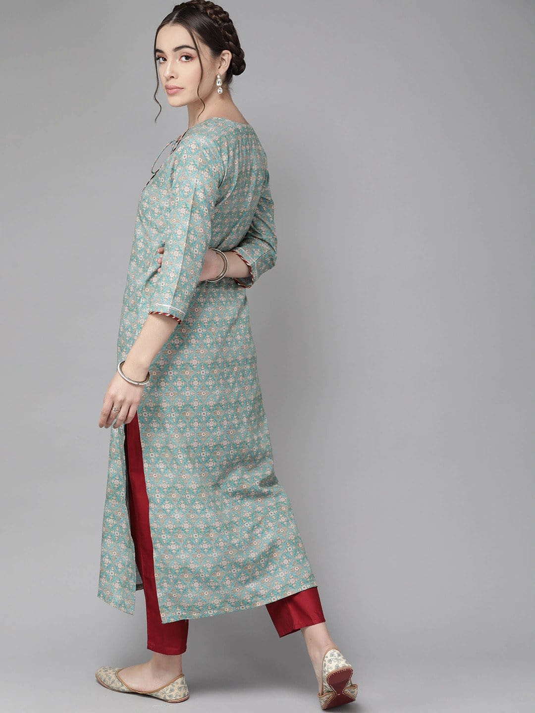 Women's Blue & Beige Ethnic Motifs Printed Gotta Patti Kurta