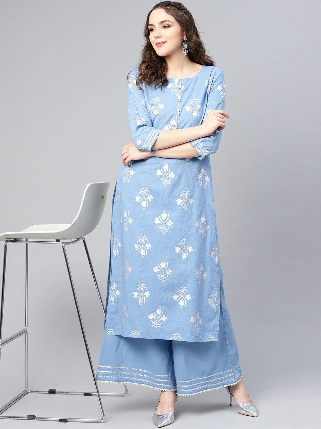 Women's Blue & Silver Printed Kurta with Palazzos