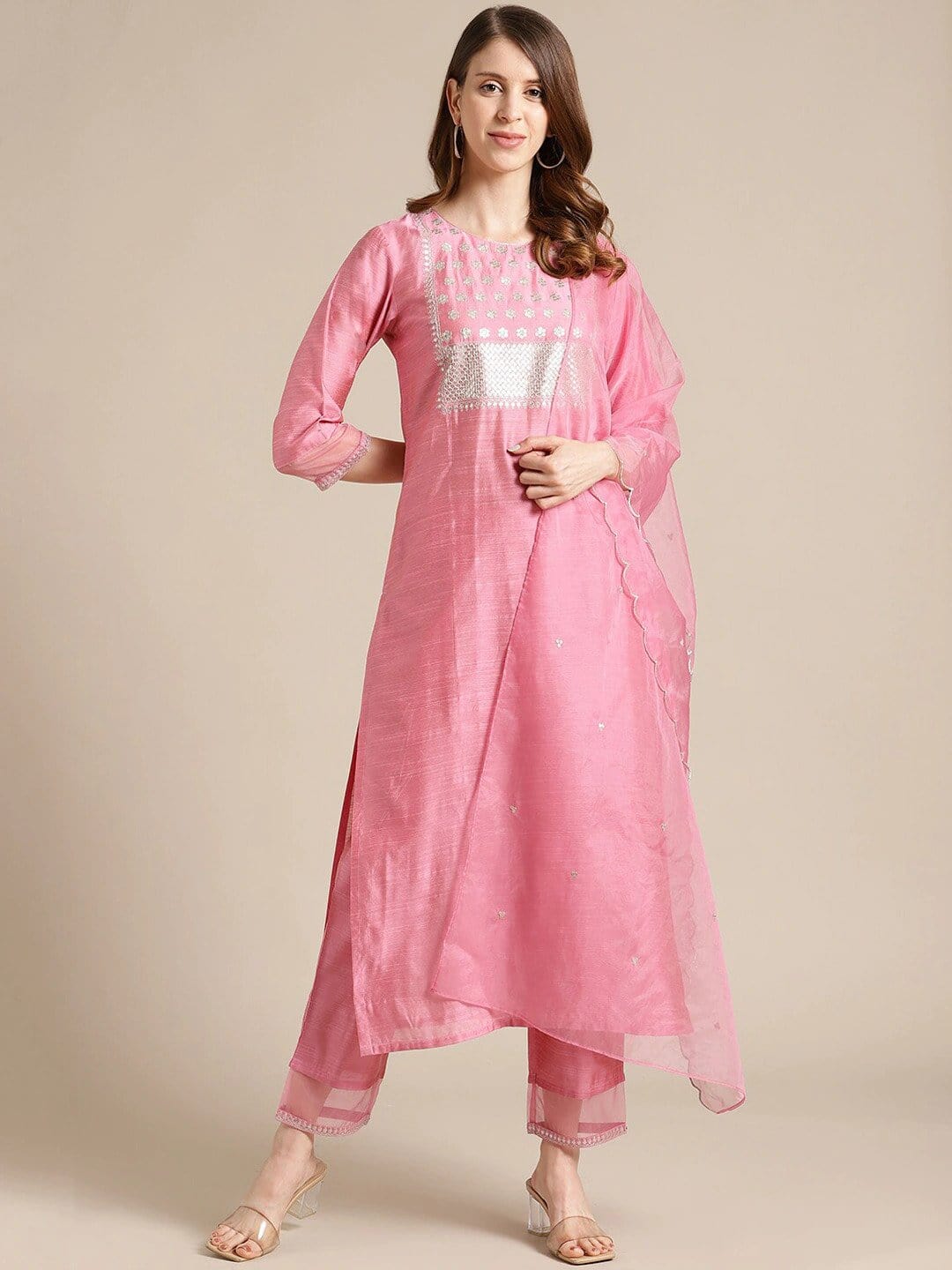 Women's Pink Floral Embroidered Thread Work Kurta with Trousers & With Dupatta