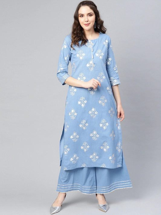 Women's Blue & Silver Printed Kurta with Palazzos