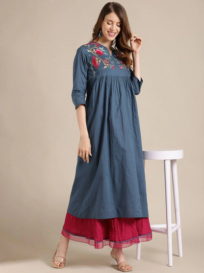 Women's Blue Floral Yoke Design Kurta